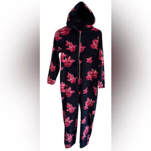 Ted Baker Super Soft Navy Blue Pink Floral Zip One Piece Hooded Pajama Sz 11-12